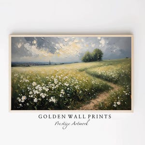 Ethereal Wildflower Meadow Painting Atmospheric Landscape Oil Art Serene Countryside View Textured Field of Flowers Unique Wall Decor
