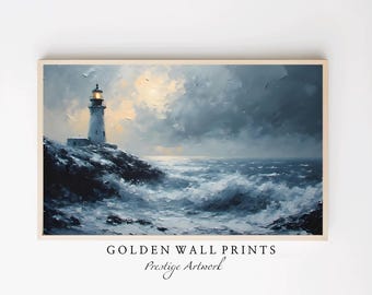 Stormy Seascape Lighthouse Art Print: Coastal Nautical Decor (Digital Download)