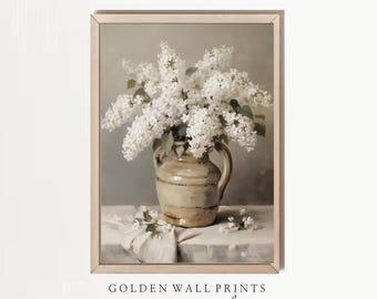 Elegant White Lilac Print Soft Neutral Botanical Art Shabby Chic Floral Decor Digital Download Painting