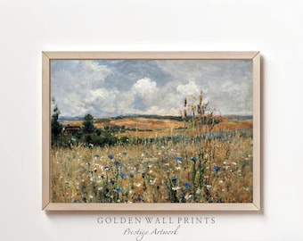 Wildflower Meadow Painting, Blue Cornflower Field Art Print, Rustic Countryside Digital Download, Serene Floral Landscape