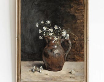 Vintage Brown Jug with Wildflowers – Still Life Printable Art – Rustic Country Home Decor Digital Download