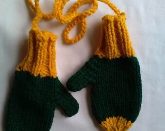 Toddler Mittens On A String- Green & Gold