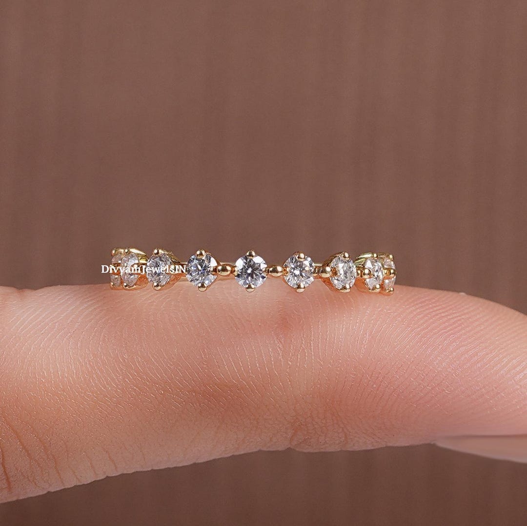 14K Gold Moissanite Half Eternity Wedding Band, Dainty Round Cut - Etsy