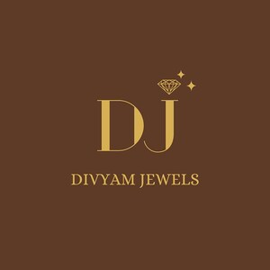 May include: A logo design on a solid brown background featuring the gold letters DJ in a serif font. Above the letter J is a gold diamond icon with two small four-pointed stars. The text DIVYAM JEWELS is printed in gold capital letters below the DJ.
