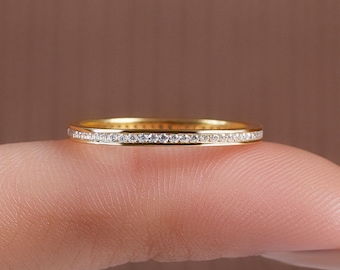 Dainty Round Lab Diamond Wedding Band, 14K Gold Channel Set Anniversary Ring, Eternity Band