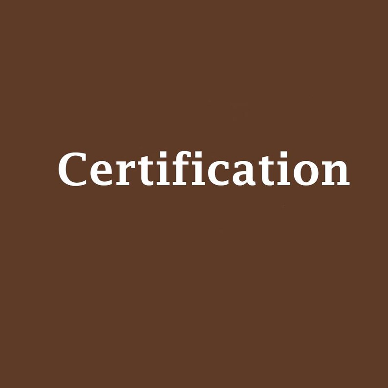 May include: A solid dark brown square background featuring the word Certification written in a bold, white, serif font centered horizontally and vertically. The text is clearly legible against the dark, uniform, matte-colored background surface.