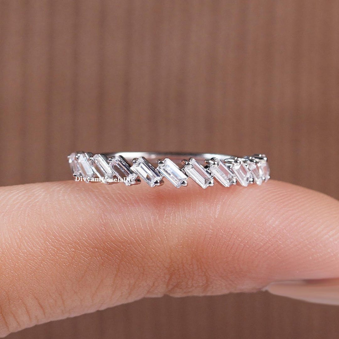 14K Gold Baguette Lab Diamond Wedding Band, Half Eternity Tilted ...