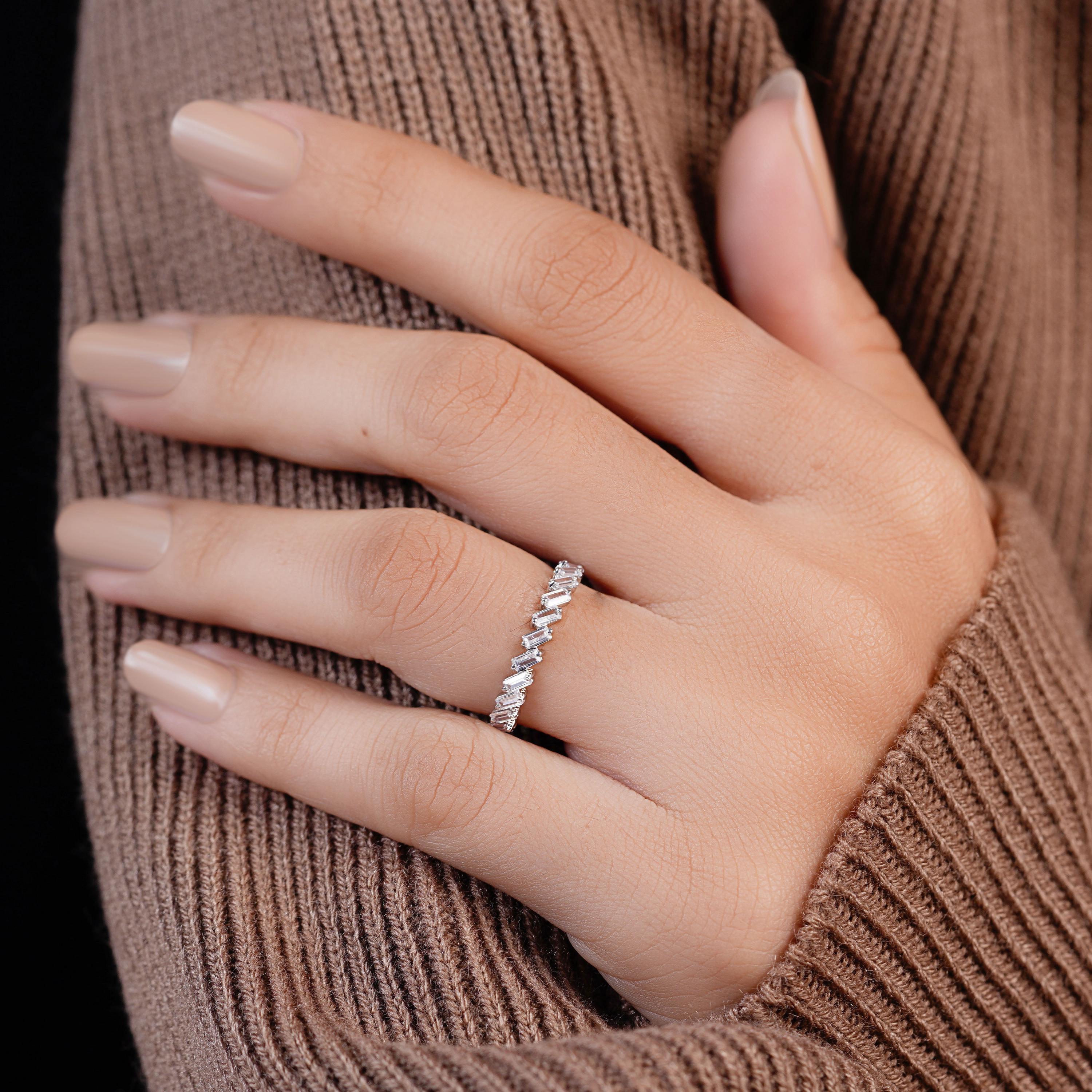 14K Gold Baguette Lab Diamond Wedding Band, Half Eternity Tilted ...