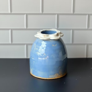 Handmade Blue Ceramic Vase with White Flowered Rim