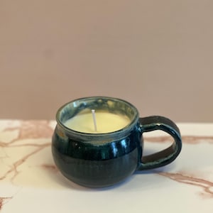 Ceramic Mug Candle: Dark Green Pottery - Soy Wax, Reusable