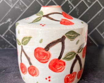 Hand-Painted Cherry Vase – Whimsical Ceramic Decor