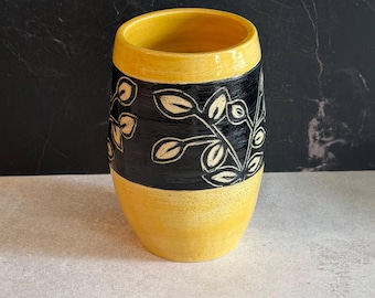 Mustard Yellow Vase, Modern Earthy Pottery | Handmade Ceramic, Black Center Band, Carved Botanical Design