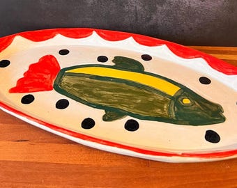 Handmade Ceramic Fish Platter — Hand-Painted Serving Tray with Bold Red Rim