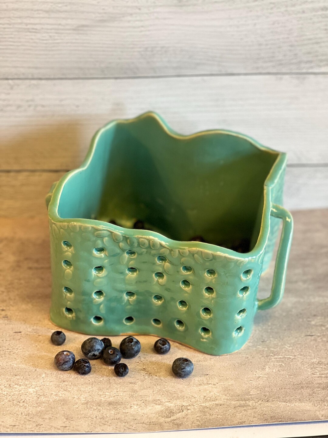 Turquoise Berry Ceramic Berry Basket – Turquoise Pottery Colander With Sculpted Handle ...