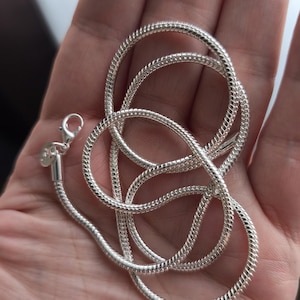 Può includere: Una collana a catena a serpente color argento con chiusura a moschettone. La catena è arrotolata e poggia nel palmo di una mano. La catena ha un aspetto strutturato e intrecciato.