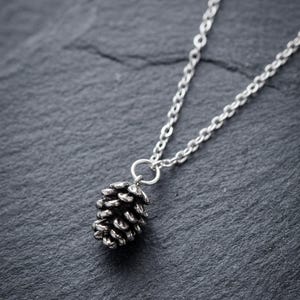 May include: A silver necklace with a detailed pinecone pendant. The pendant, with textured scales, hangs from a delicate chain. The necklace is shown against a dark, textured background, highlighting the silver tones.