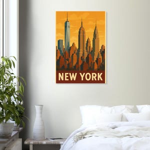 New York City Skyline Vintage Poster - NYC Wall Art, Framed Travel Print. - Premium Semi-Glossy Paper Poster