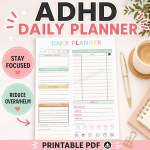 Puede incluir: Un planificador diario de TDAH blanco con detalles en rosa y verde. El planificador incluye secciones para horarios diarios, prioridades principales y comidas. El texto incluye "Stay Focused", "Reduce Overwhelm" y "Printable PDF".