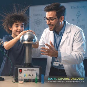 Op de afbeelding: Een wetenschappelijk experiment met een kind en een volwassene die interageren met een elektrostatische generator. Het haar van het kind staat overeind. De machine heeft de tekst "Van de Graaff Electrostatic Generator" en "M4S". De afbeelding bevat ook de tekst "LEARN. EXPLORE. DISCOVER."