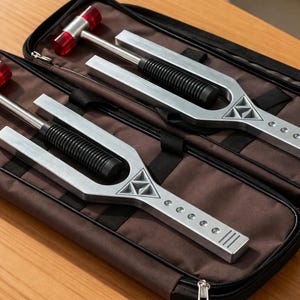 May include: Two tuning fork sets in brown zippered cases. Each set includes a silver tuning fork with a black handle and a red mallet. The tuning forks have a triangular design and are used for sound therapy.