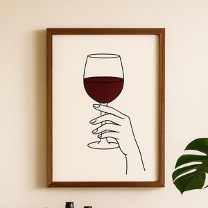 Red Wine Line Art Print: Minimalist Bar Cart Decor (Digital Download