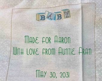 Baby Quilt Label - Blue Baby Blocks, Custom Made and Hand Embroidered