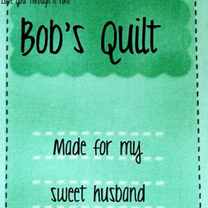 Quilt Label - White Journal Lines on Aqua, Custom Made & Hand Embroidered 20% OFF