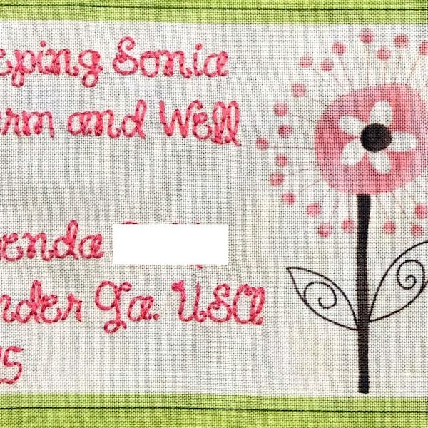 Quilt Label - Orange Flower, Custom Made & Hand Embroidered