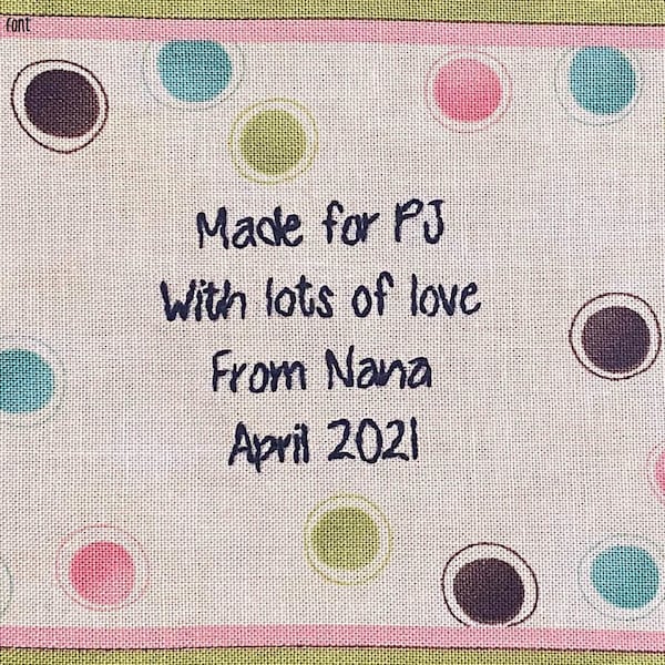 Quilt Label - Mess O' Dots, Custom Made & Hand Embroidered