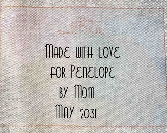 Baby Quilt Label - Pink Stork, Custom Made and Hand Embroidered