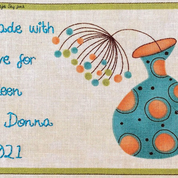 Quilt Label - Dotted Vase, Custom Made & Hand Embroidered