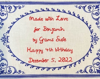 Quilt Label - Botanical Blues #10, Custom Made and Hand Embroidered