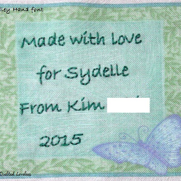 Quilt Label - Turquoise Butterfly With Green Frame, Custom Made & Hand Embroidered