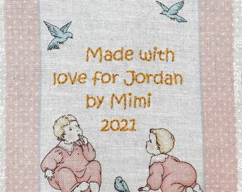 Baby Quilt Label - Twin Girls, Custom Made and Hand Embroidered