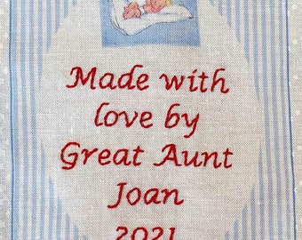 Baby Quilt Label - Blue Pillow Ticking, Custom Made & Hand Embroidered 20% OFF