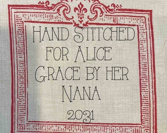 Quilt Label - French General #30, Ornate Frame 1, Custom Made and Hand Embroidered