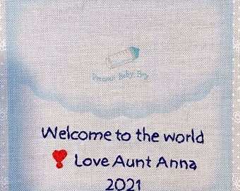 Baby Quilt Label - Blue Bottle, Custom Made and Hand Embroidered