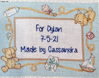 Baby Quilt Label - Blue Teddy & Puppy, Custom Made and Hand Embroidered