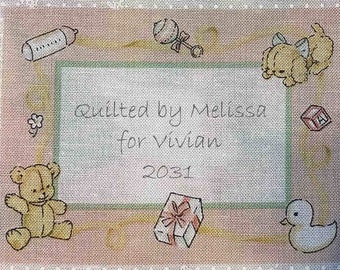 Baby Quilt Label - Pink Teddy & Puppy, Custom Made and Hand Embroidered