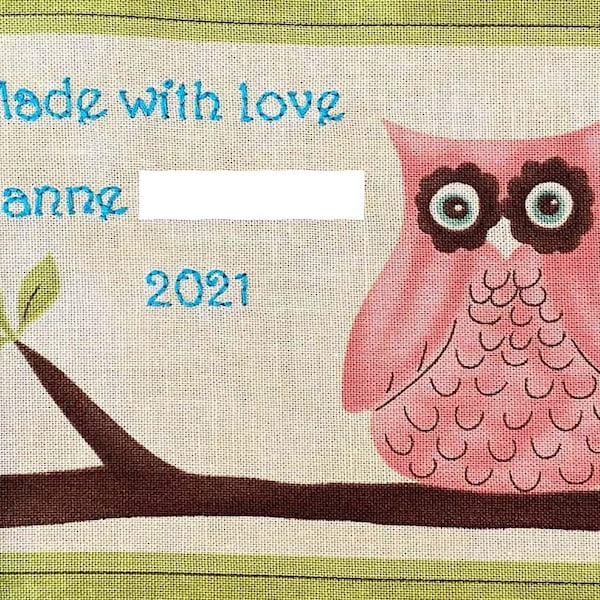 Quilt Label - Inquiring Owl, Custom Made & Hand Embroidered