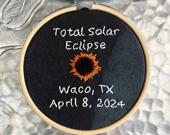 Total Solar Eclipse Embroidery Hoop Art - Hand Embroidered in a 3" Hoop, Black Fabric, 20% Off - Was 20.00