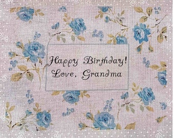 Baby Quilt Label - Blue Roses, Custom Made and Hand Embroidered