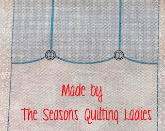 Baby Quilt Label - Blue Curtains, Custom Made and Hand Embroidered