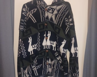 Vintage Peruvian Tejidos Ruminahui Llama Knit Hooded Cardigan Sweater Mens Large