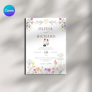 Editable Floral Wedding Invitation Template, Bohemian Wildflower Suite, DIY Printable Wedding Invite Set Qr Code Invitation Card Wedding