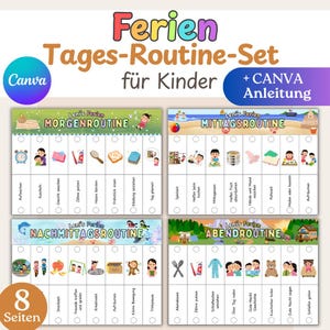 Peut inclure: Un ensemble de quatre tableaux de routine quotidienne pour enfants, en allemand, avec des illustrations et du texte. Les tableaux couvrent les activités du matin, de l'après-midi et du soir, avec un guide Canva. L'ensemble comprend 8 pages.