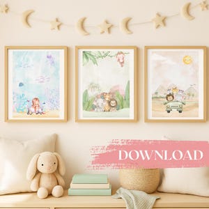 Stampe per cameretta dei bambini con tema Safari, Giungla, Oceano - Arte murale con animali stampabile - PDF A4, A3, A2 - Decorazioni con animali per cameretta dei bambini - Download immediato