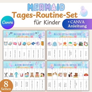 Op de afbeelding: Een dagelijkse routine set met zeemeermint thema voor kinderen. De set bevat vier geïllustreerde kaarten met taken voor ochtend, middag, avond en huishoudelijke taken. De kaarten hebben selectievakjes voor elke taak en zijn ontworpen voor Canva.