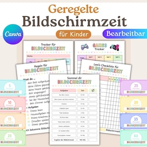 Może przedstawiać: Zestaw drukowanych arkuszy dla dzieci z niemieckim tekstem „Geregelte Bildschirmzeit” (Uregulowany czas przed ekranem). Zawiera trackery, listy kontrolne i narzędzia do zarządzania czasem. Projekt jest kolorowy.