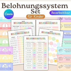 May include: A colorful reward system set for children, featuring printable charts and reward cards. The design includes the text "Belohnungssystem Set für Kinder" and "Bearbeitbar". The set includes various tasks and reward options.